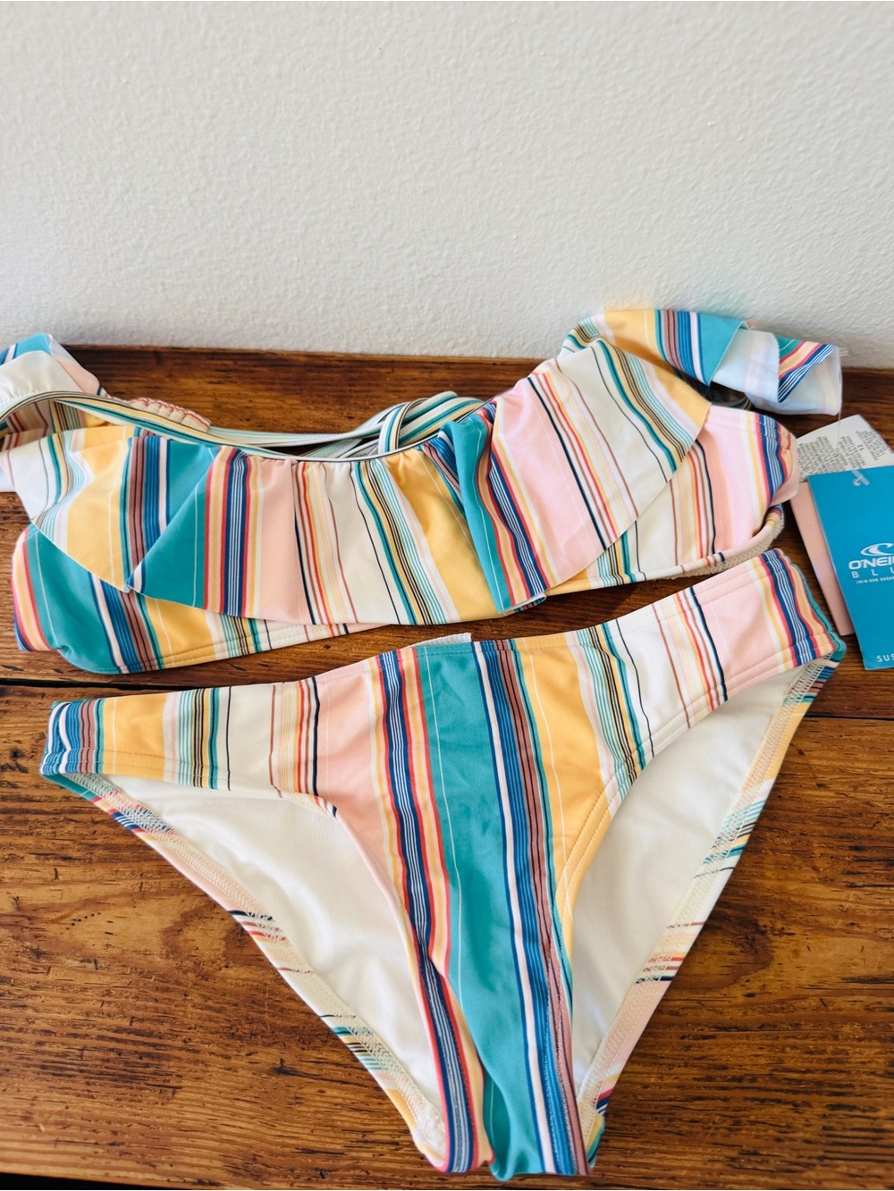 NWT O’Neill Girls Baja Stripe Ruffle Tie Back Bikini Set